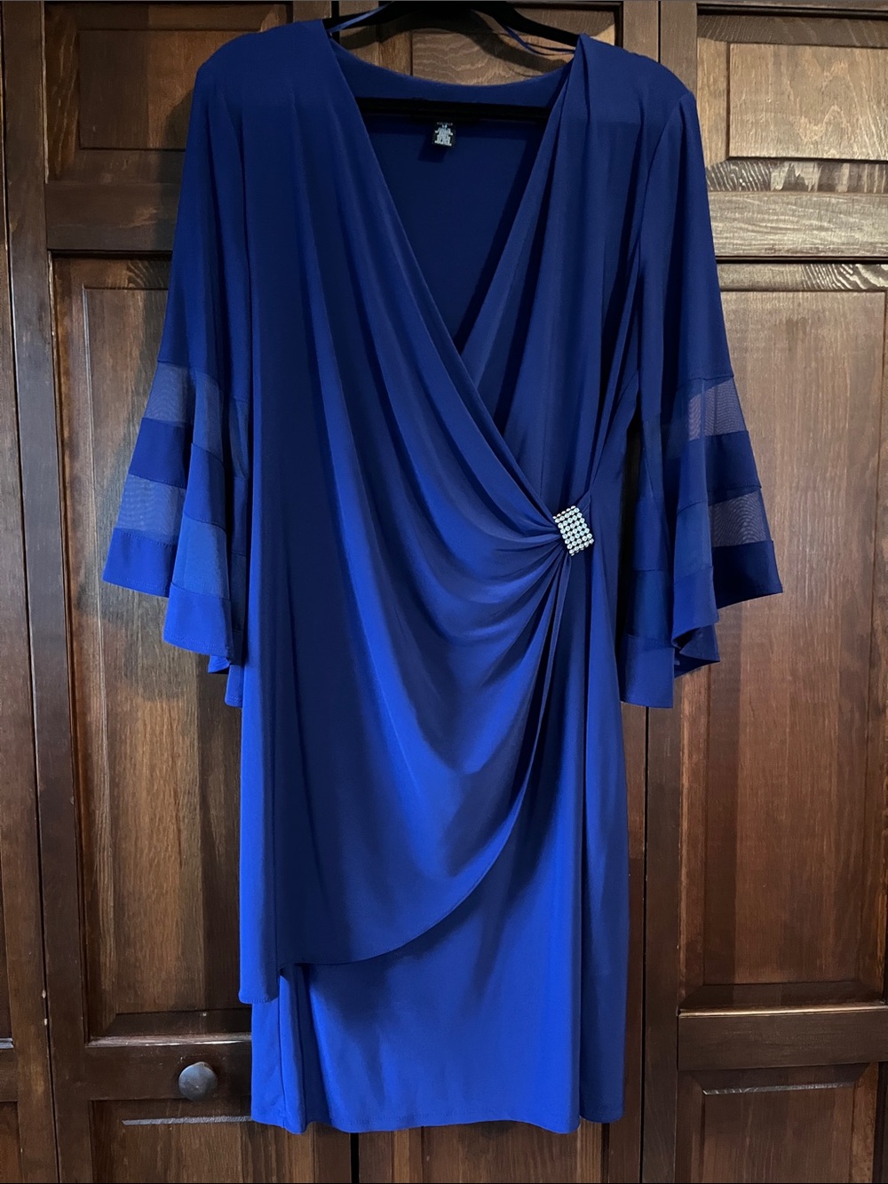 R&M Richards Cobalt Blue Draped Wrap Midi Dress with Rhinestone Accent